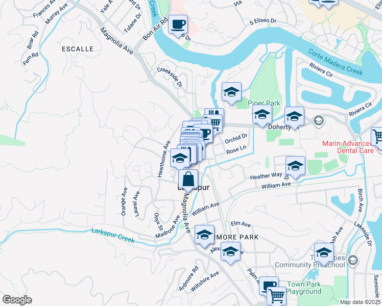 map of restaurants, bars, coffee shops, grocery stores, and more near 505 Magnolia Avenue in Larkspur