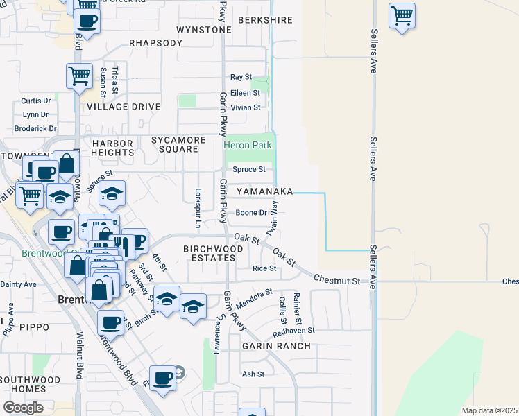 map of restaurants, bars, coffee shops, grocery stores, and more near 845 Boone Drive in Brentwood