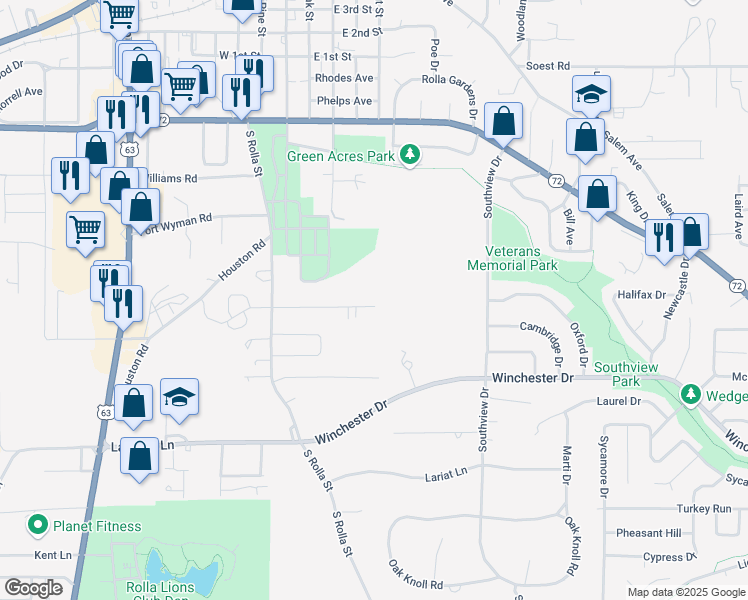 map of restaurants, bars, coffee shops, grocery stores, and more near 309 Christy Drive in Rolla