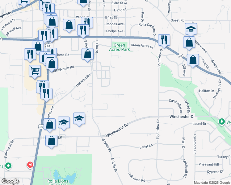 map of restaurants, bars, coffee shops, grocery stores, and more near 307 Christy Drive in Rolla