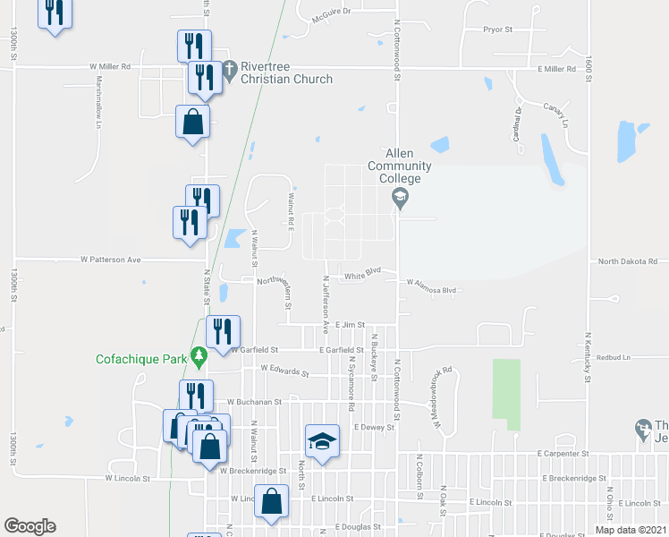 map of restaurants, bars, coffee shops, grocery stores, and more near 104 White Boulevard in Iola