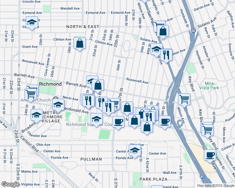 map of restaurants, bars, coffee shops, grocery stores, and more near 3620 Barrett Avenue in Richmond