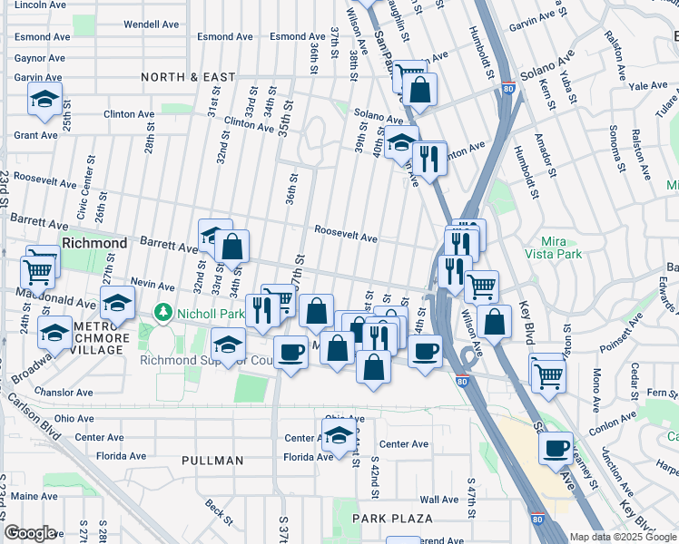 map of restaurants, bars, coffee shops, grocery stores, and more near 3901 Barrett Avenue in Richmond