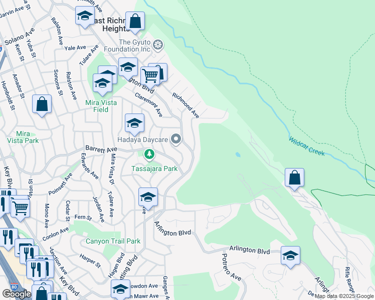 map of restaurants, bars, coffee shops, grocery stores, and more near 2709 Del Monte Avenue in El Cerrito