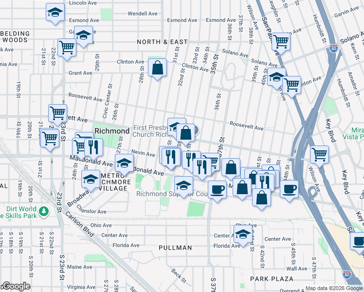 map of restaurants, bars, coffee shops, grocery stores, and more near 456 33rd Street in Richmond