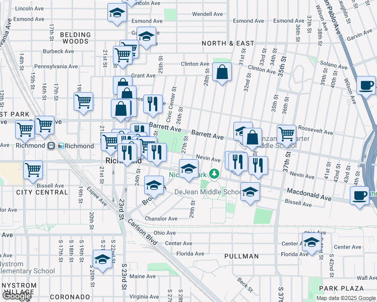 map of restaurants, bars, coffee shops, grocery stores, and more near 420 28th Street in Richmond