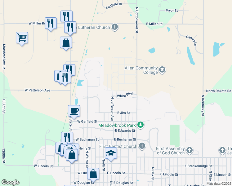 map of restaurants, bars, coffee shops, grocery stores, and more near 104 White Boulevard in Iola