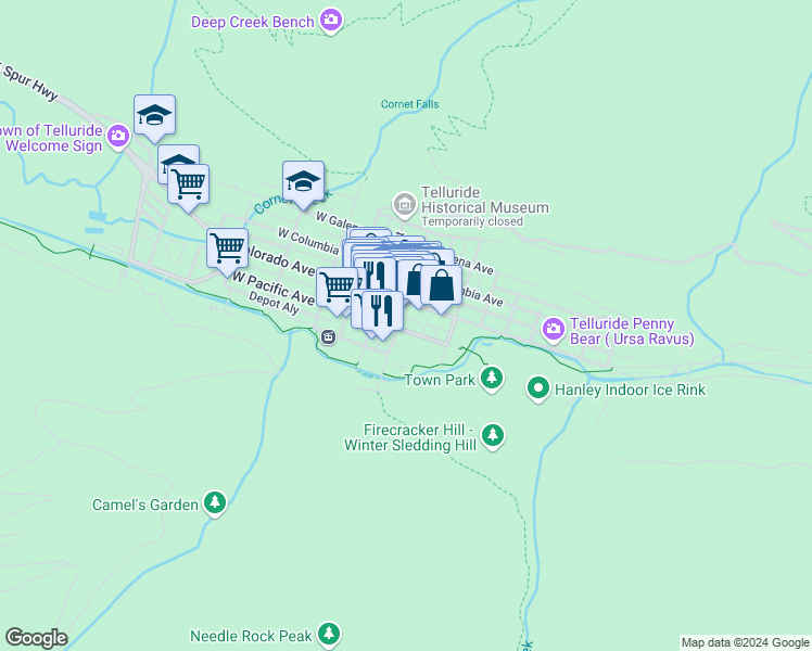 map of restaurants, bars, coffee shops, grocery stores, and more near 120 South Pine Street in Telluride