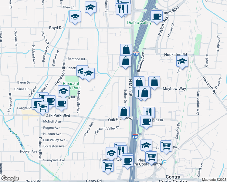 map of restaurants, bars, coffee shops, grocery stores, and more near 1015 Hook Avenue in Pleasant Hill