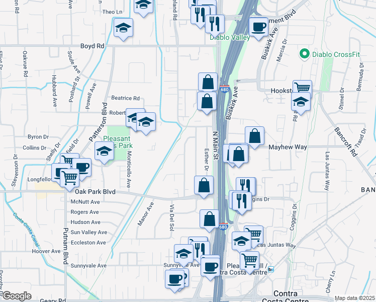 map of restaurants, bars, coffee shops, grocery stores, and more near 1015 Hook Avenue in Pleasant Hill