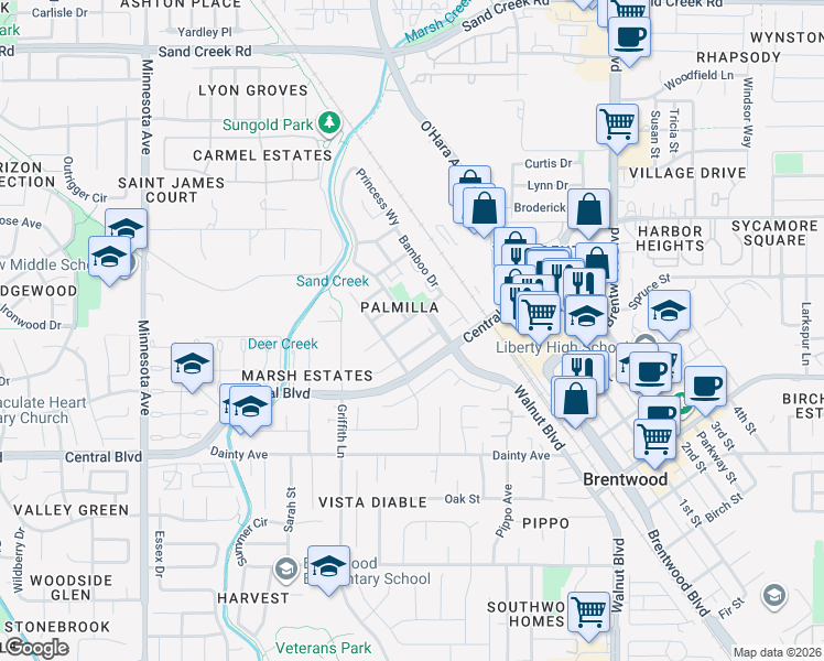 map of restaurants, bars, coffee shops, grocery stores, and more near 322 Pacifica Drive in Brentwood