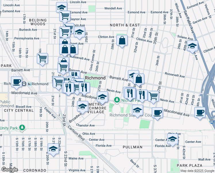 map of restaurants, bars, coffee shops, grocery stores, and more near 420 28th Street in Richmond