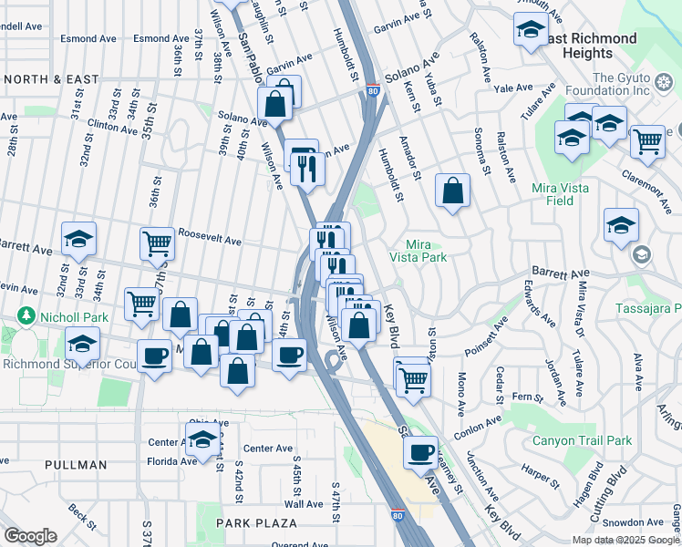 map of restaurants, bars, coffee shops, grocery stores, and more near 565 McLaughlin Street in Richmond