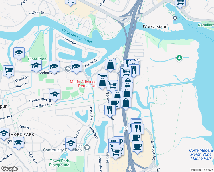 map of restaurants, bars, coffee shops, grocery stores, and more near 197 Tamal Vista Boulevard in Corte Madera
