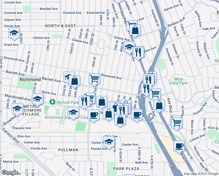 map of restaurants, bars, coffee shops, grocery stores, and more near 506 39th Street in Richmond