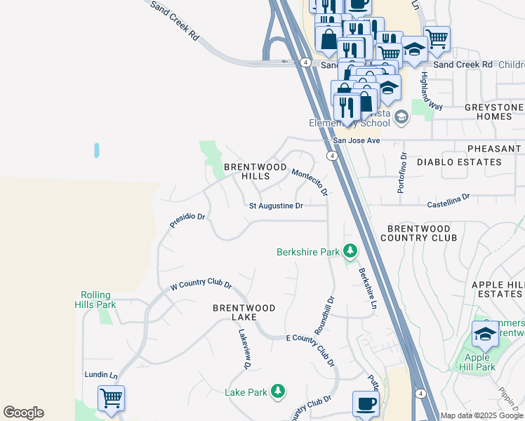 map of restaurants, bars, coffee shops, grocery stores, and more near 2372 Saint Augustine Drive in Brentwood