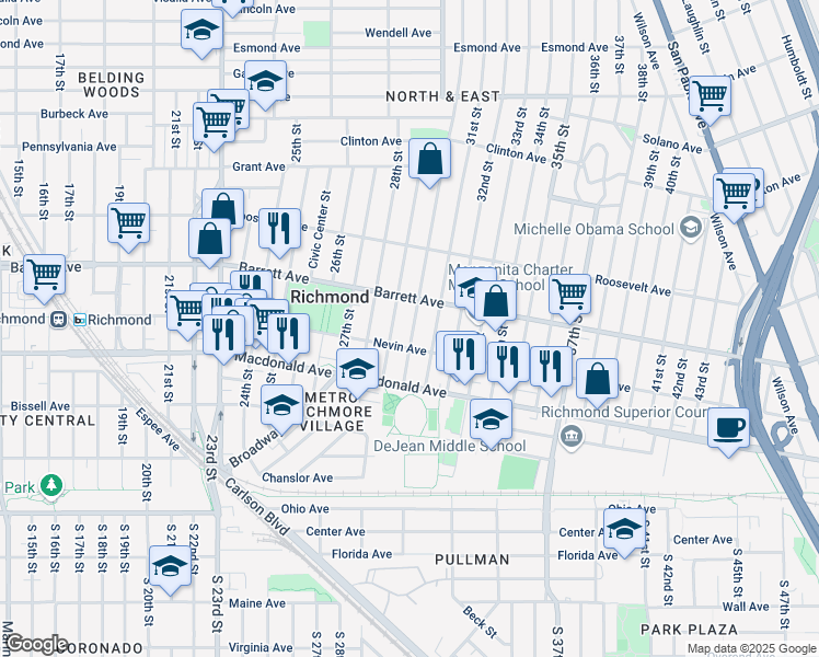 map of restaurants, bars, coffee shops, grocery stores, and more near 431 30th Street in Richmond