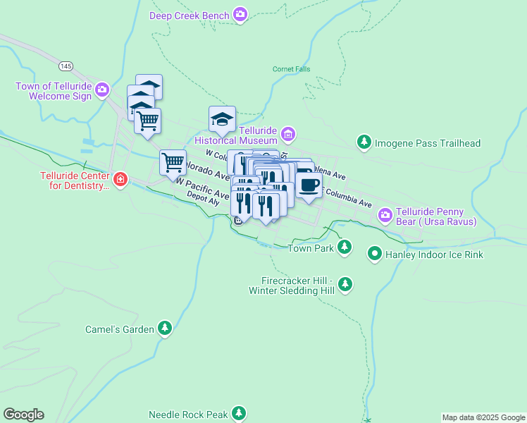 map of restaurants, bars, coffee shops, grocery stores, and more near 201 South Fir Street in Telluride