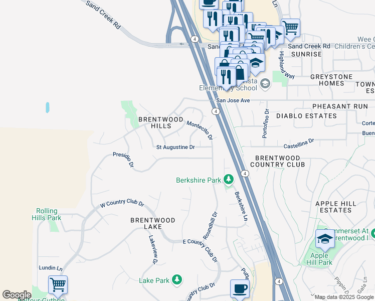 map of restaurants, bars, coffee shops, grocery stores, and more near 2336 Saint Augustine Drive in Brentwood