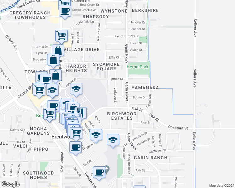 map of restaurants, bars, coffee shops, grocery stores, and more near 854 Larkspur Lane in Brentwood