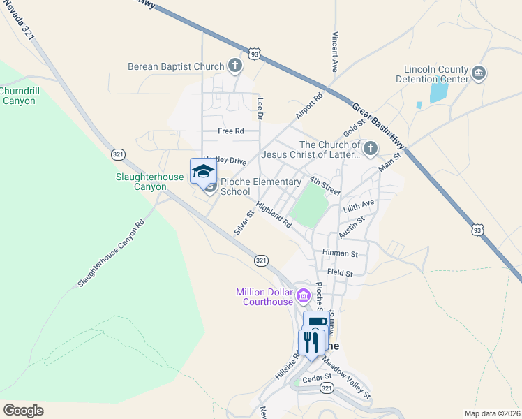 map of restaurants, bars, coffee shops, grocery stores, and more near 273 Highland Road in Pioche
