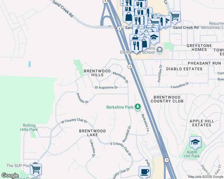 map of restaurants, bars, coffee shops, grocery stores, and more near 2352 Saint Augustine Drive in Brentwood