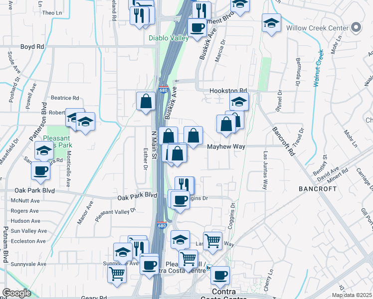 map of restaurants, bars, coffee shops, grocery stores, and more near 76 Mayhew Way in Pleasant Hill