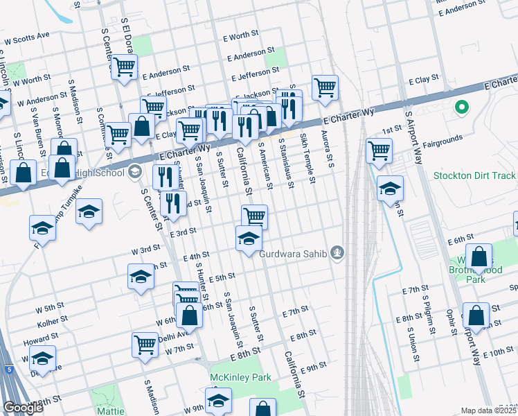 map of restaurants, bars, coffee shops, grocery stores, and more near 1642 California Street in Stockton