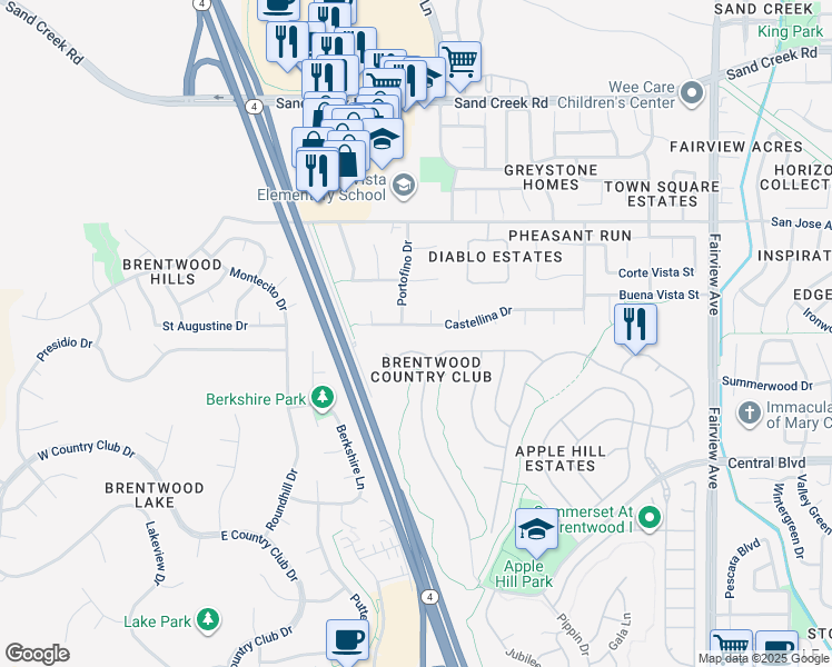 map of restaurants, bars, coffee shops, grocery stores, and more near 1890 Castellina Drive in Brentwood