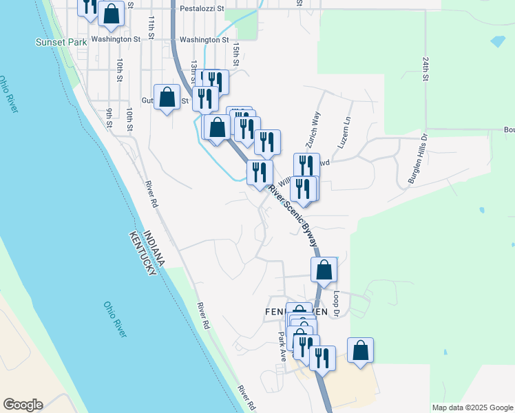 map of restaurants, bars, coffee shops, grocery stores, and more near 235 Orchard Hill Drive in Tell City