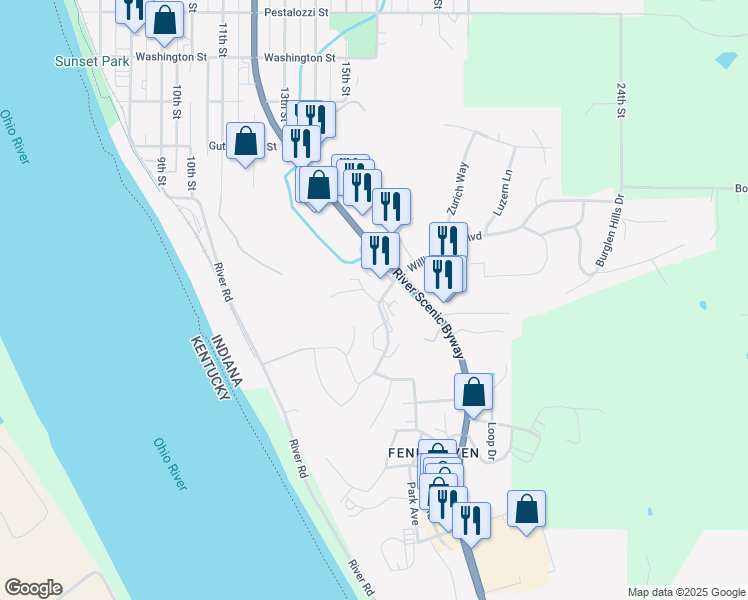 map of restaurants, bars, coffee shops, grocery stores, and more near 235 Orchard Hill Drive in Tell City