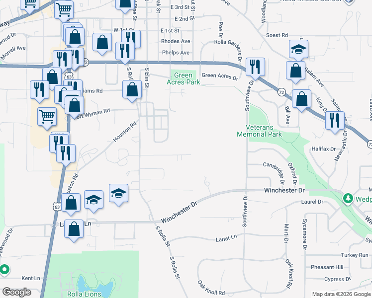 map of restaurants, bars, coffee shops, grocery stores, and more near 309 Christy Drive in Rolla