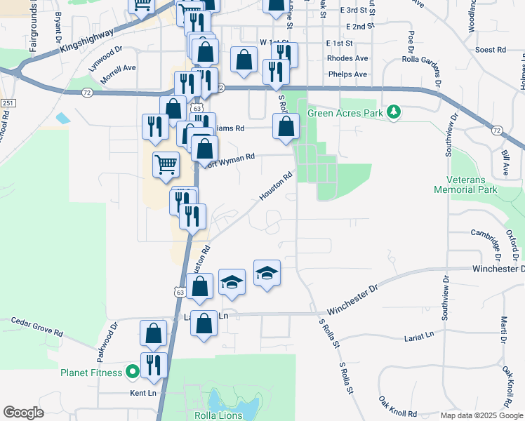 map of restaurants, bars, coffee shops, grocery stores, and more near 300 Christy Drive in Rolla