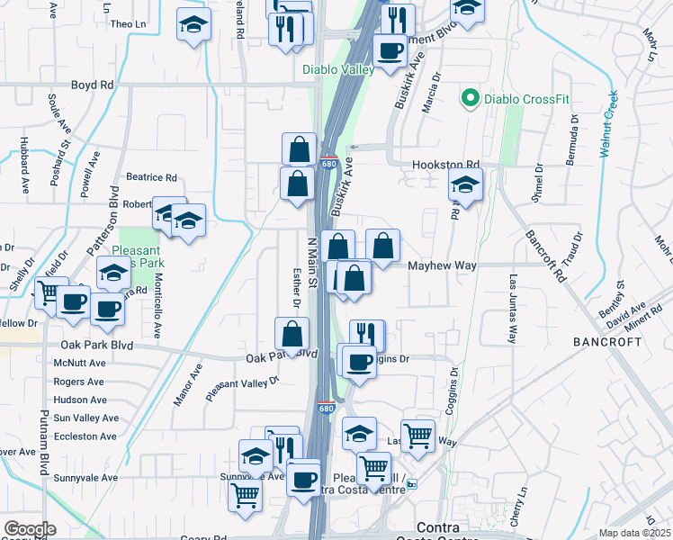 map of restaurants, bars, coffee shops, grocery stores, and more near 30 Mayhew Way in Walnut Creek