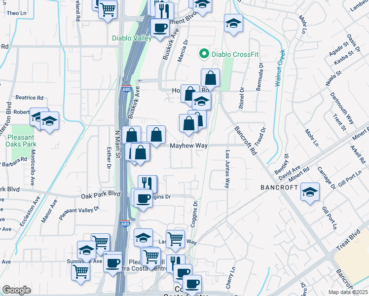 map of restaurants, bars, coffee shops, grocery stores, and more near 190 Mayhew Way in Walnut Creek