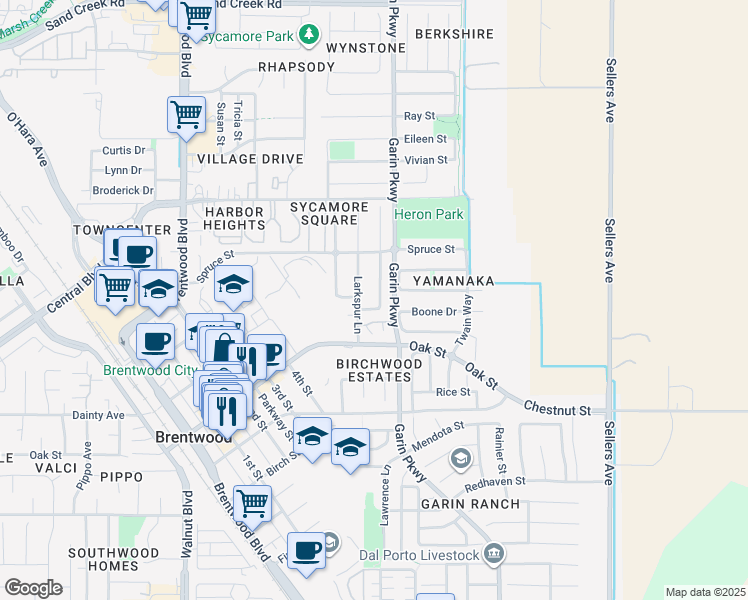 map of restaurants, bars, coffee shops, grocery stores, and more near 903 Snapdragon Way in Brentwood