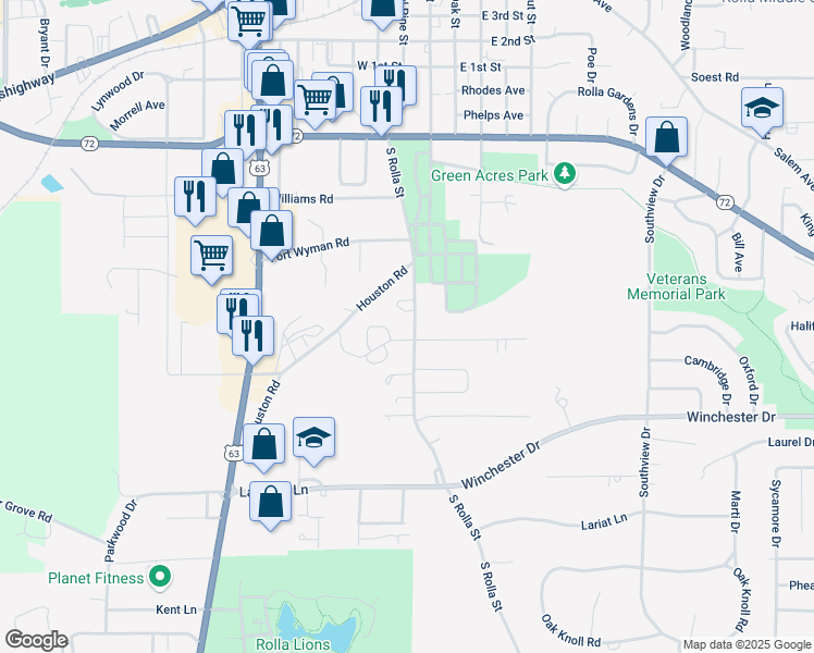 map of restaurants, bars, coffee shops, grocery stores, and more near 652 South Rolla Street in Rolla