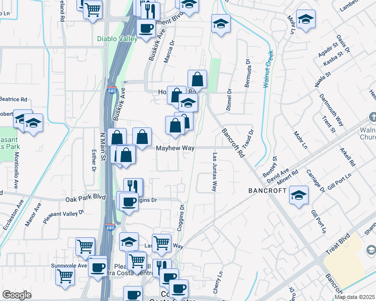 map of restaurants, bars, coffee shops, grocery stores, and more near 3021 Mayhew Court in Walnut Creek