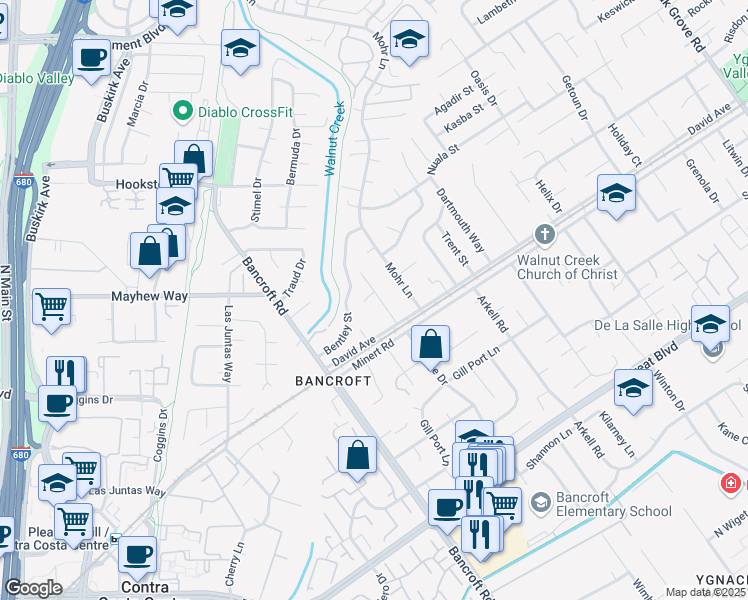map of restaurants, bars, coffee shops, grocery stores, and more near 674 Lord Court in Concord