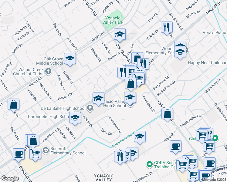 map of restaurants, bars, coffee shops, grocery stores, and more near 2890 Treat Boulevard in Concord
