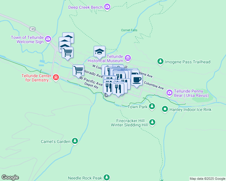 map of restaurants, bars, coffee shops, grocery stores, and more near 210 South Oak Street in Telluride