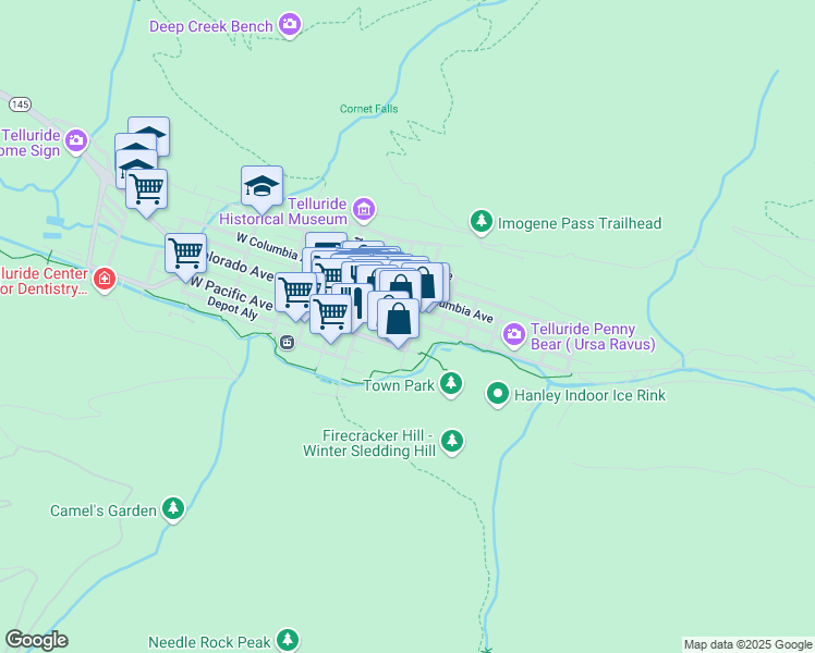 map of restaurants, bars, coffee shops, grocery stores, and more near 220 East Colorado Avenue in Telluride