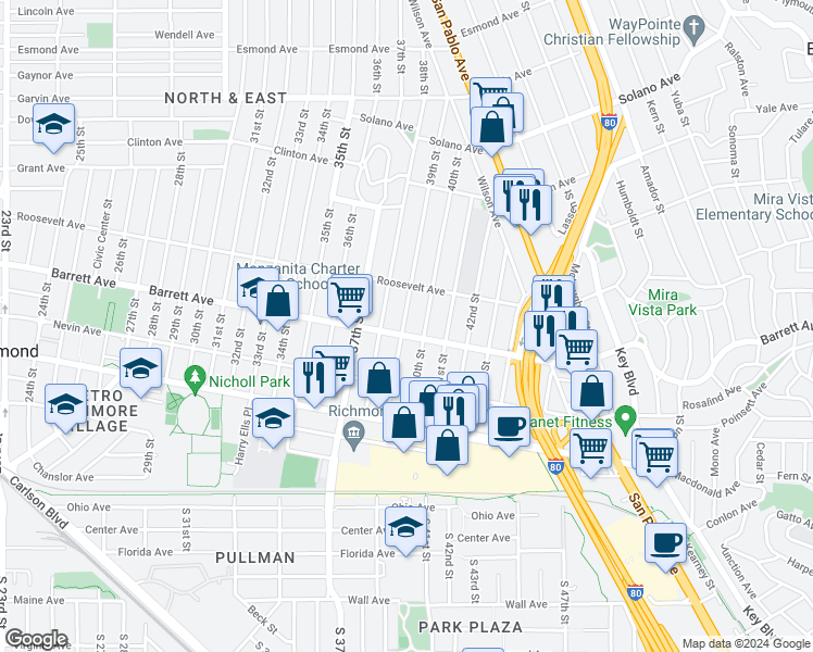 map of restaurants, bars, coffee shops, grocery stores, and more near 510 39th Street in Richmond