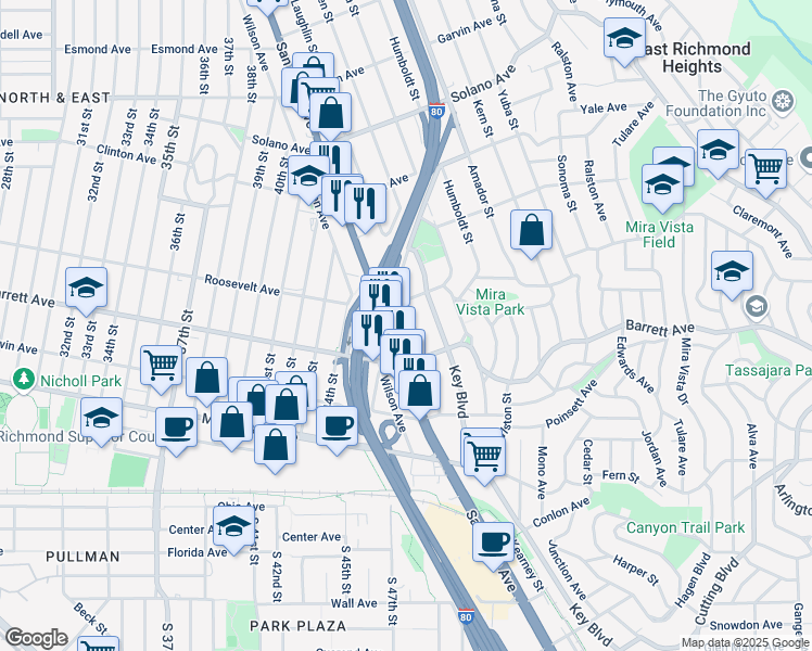 map of restaurants, bars, coffee shops, grocery stores, and more near 565 McLaughlin Street in Richmond