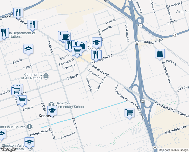 map of restaurants, bars, coffee shops, grocery stores, and more near 2257 Cambria Drive in Stockton