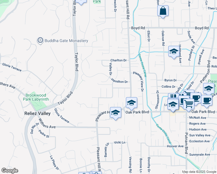 map of restaurants, bars, coffee shops, grocery stores, and more near 407 Lenox Court in Pleasant Hill