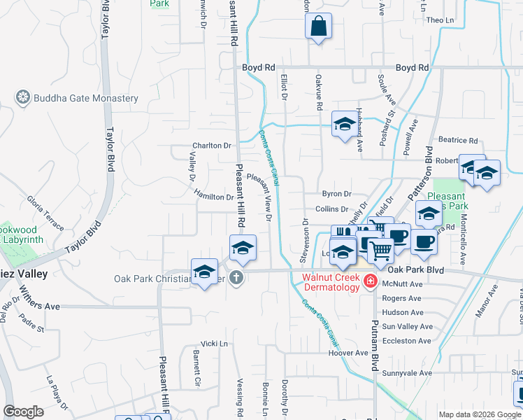 map of restaurants, bars, coffee shops, grocery stores, and more near 120 Coats Circle in Pleasant Hill