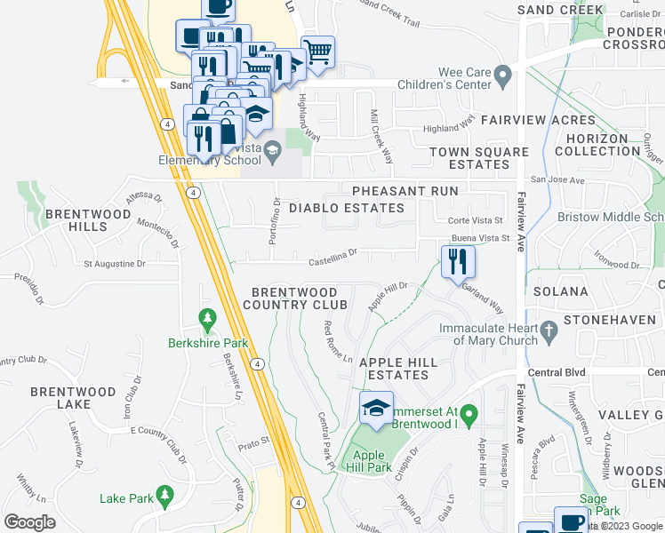 map of restaurants, bars, coffee shops, grocery stores, and more near 1820 Castellina Drive in Brentwood