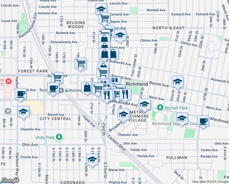 map of restaurants, bars, coffee shops, grocery stores, and more near 354 24th Street in Richmond