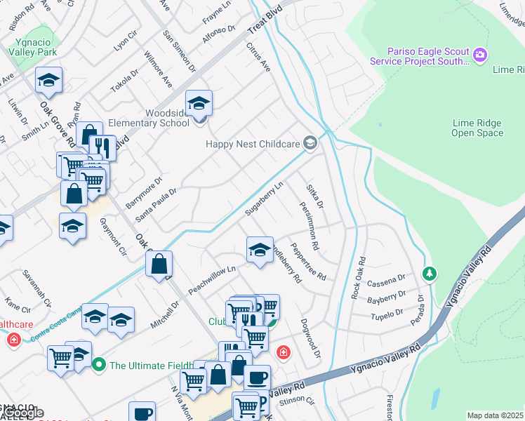 map of restaurants, bars, coffee shops, grocery stores, and more near 657 Joshua Court in Walnut Creek